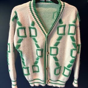 Green and White Geometric Cardigan